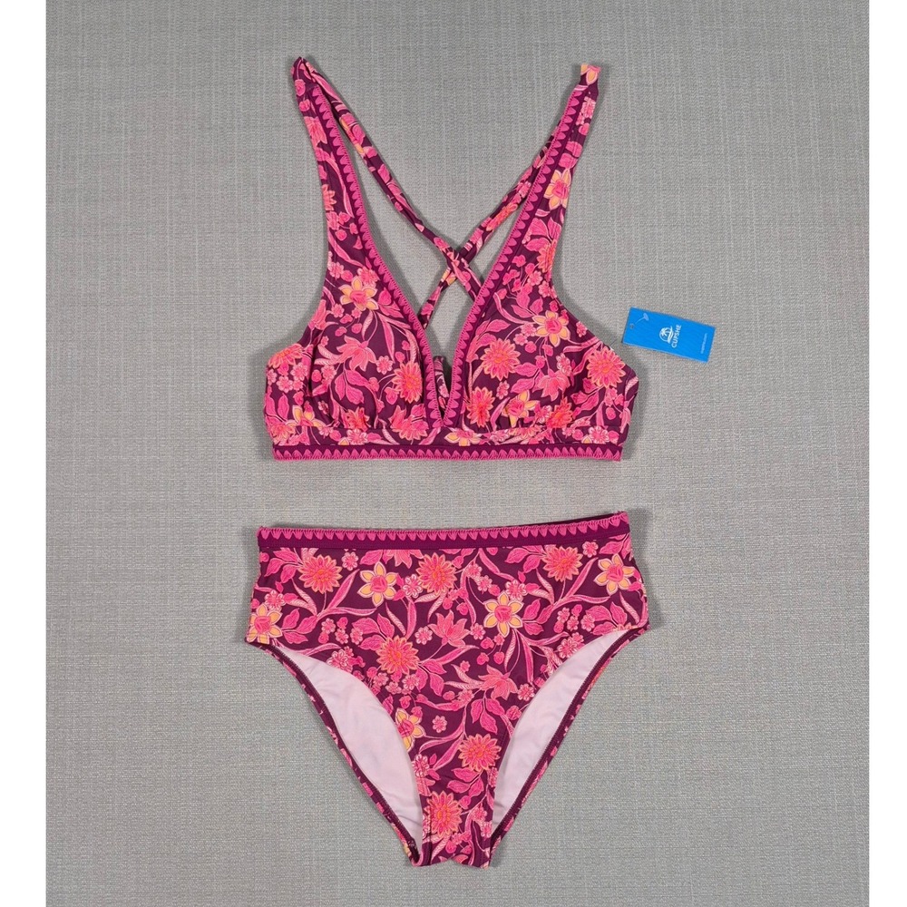 Cupshe‎ Womens Floral High Waisted Bikini Set Pink Purple V-Neck Size M New